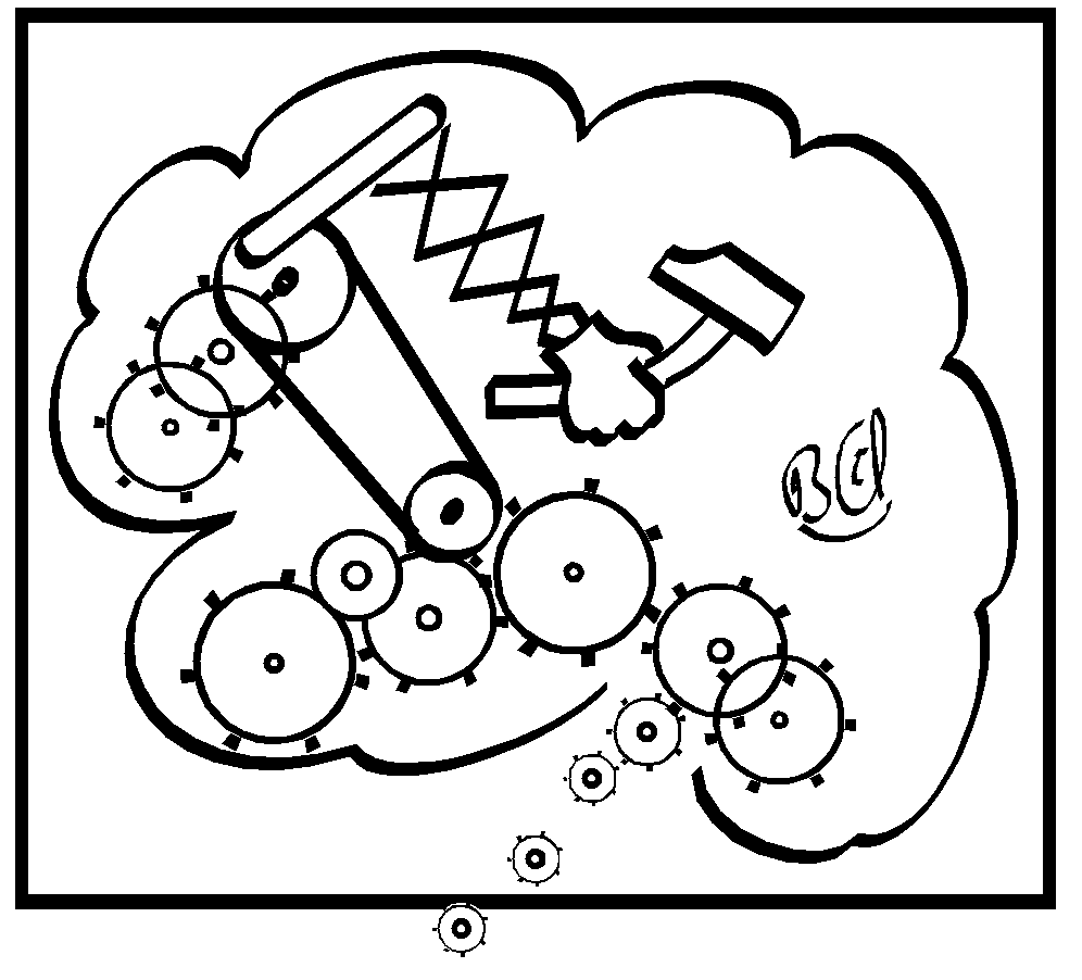 Phylactère en forme de cerveau avec engrenages et marteau